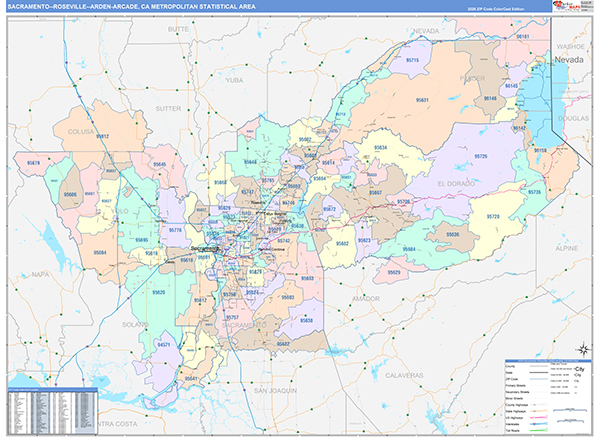 Sacramento-Roseville-Arden-Arcade Metro Area Wall Map